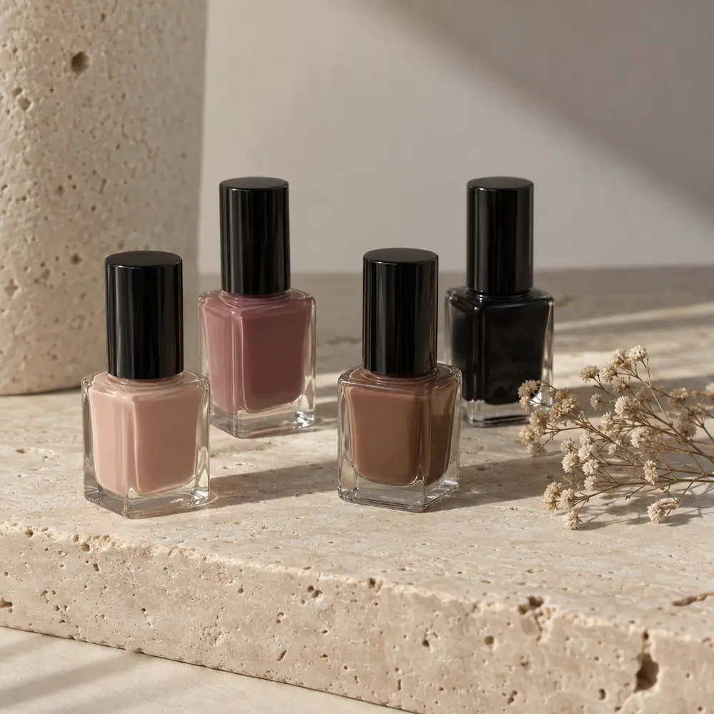 Unlabeled nail polish bottles in nude, mauve, cocoa and black on travertine
