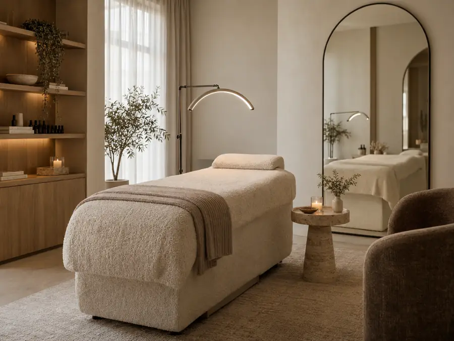 Calm studio interior with a cream lash bed, arched mirror and soft daylight